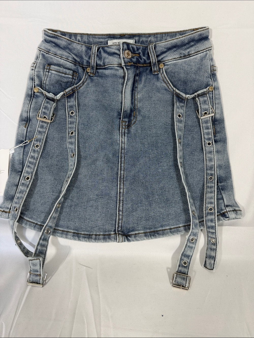 Nina Rossi Light Wash Denim Mini Skirt shorts with Strap Details